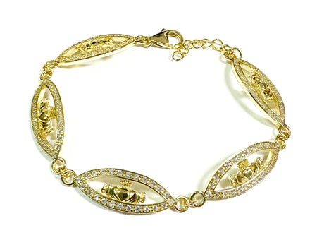 Silver Claddagh Bracelet With Cz stones and Gold Plating.