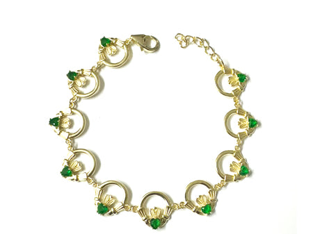 Claddagh Yellow Plated Green Cz Stone Silver  Bracelet