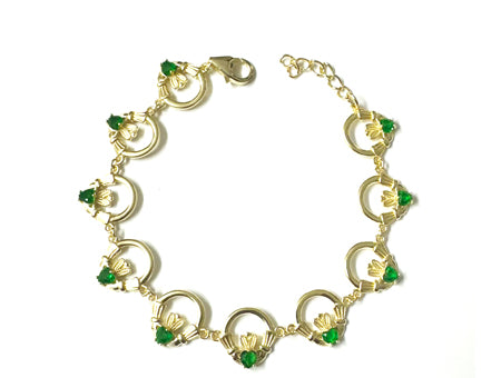 Claddagh Yellow Plated Green Cz Stone Silver  Bracelet