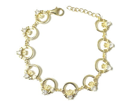 Claddagh Yellow Plated White Cz Stone Silver  Bracelet