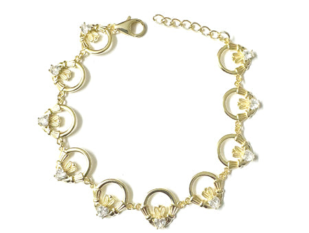 Claddagh Yellow Plated White Cz Stone Silver  Bracelet