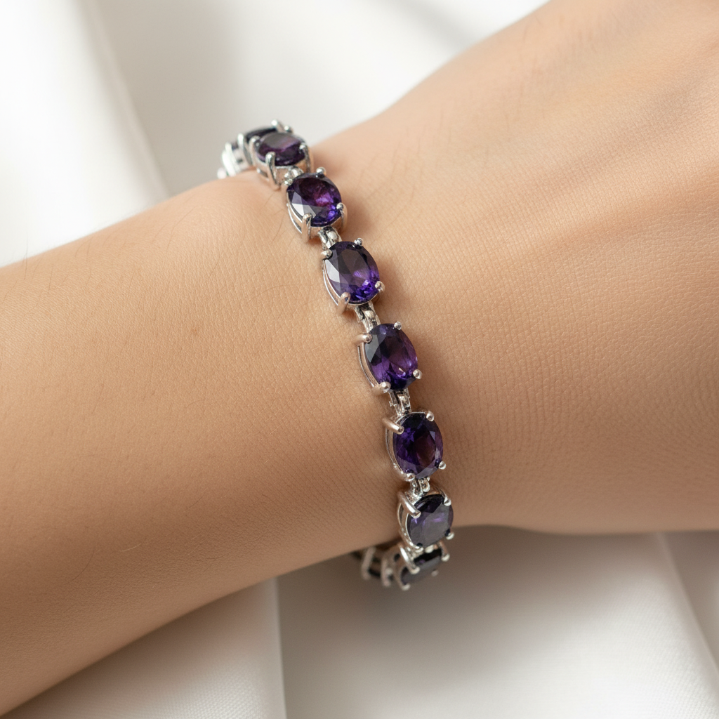 Amethyst And White Cubic Zirconia Silver Bracelet