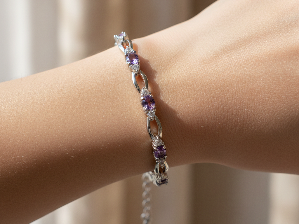 Amethyst & White Cubic Zirconia Silver Bracelet