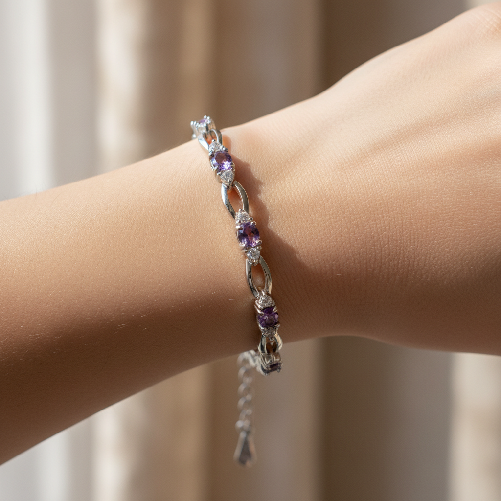 Amethyst & White Cubic Zirconia Silver Bracelet