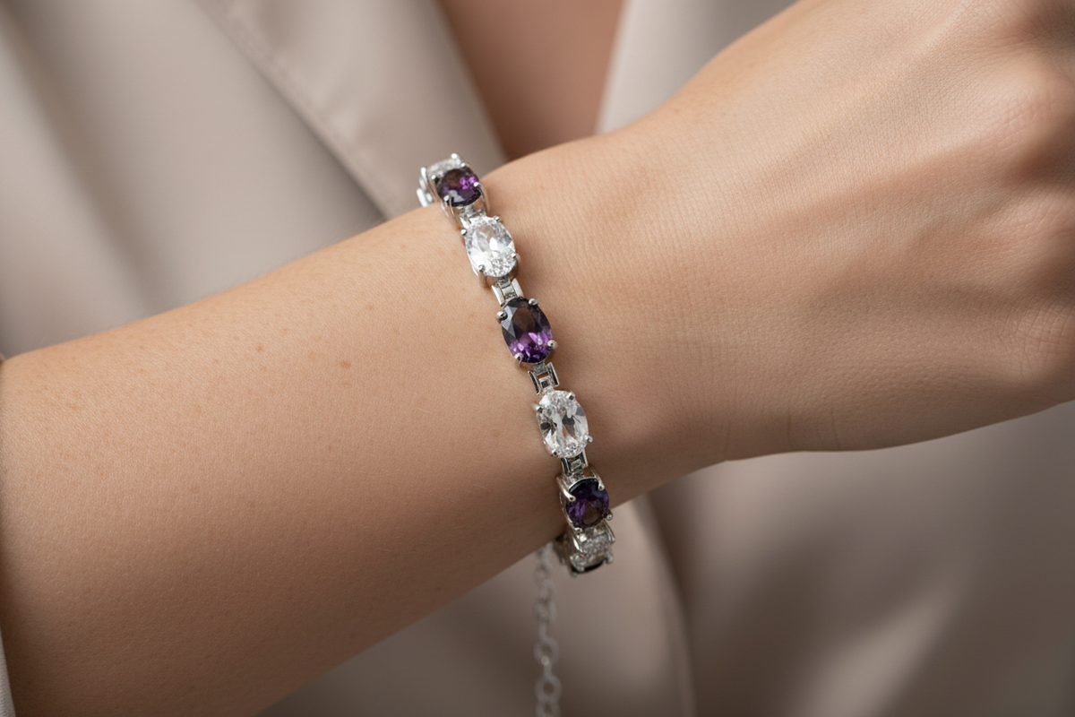 Amethyst And White Cubic Zirconia Silver Bracelet