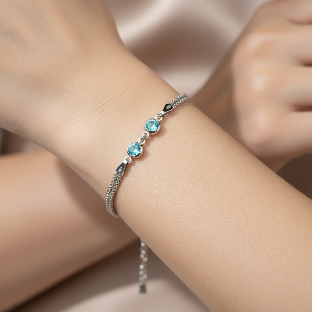 Aqua Cubic Zirconia Silver Bracelet