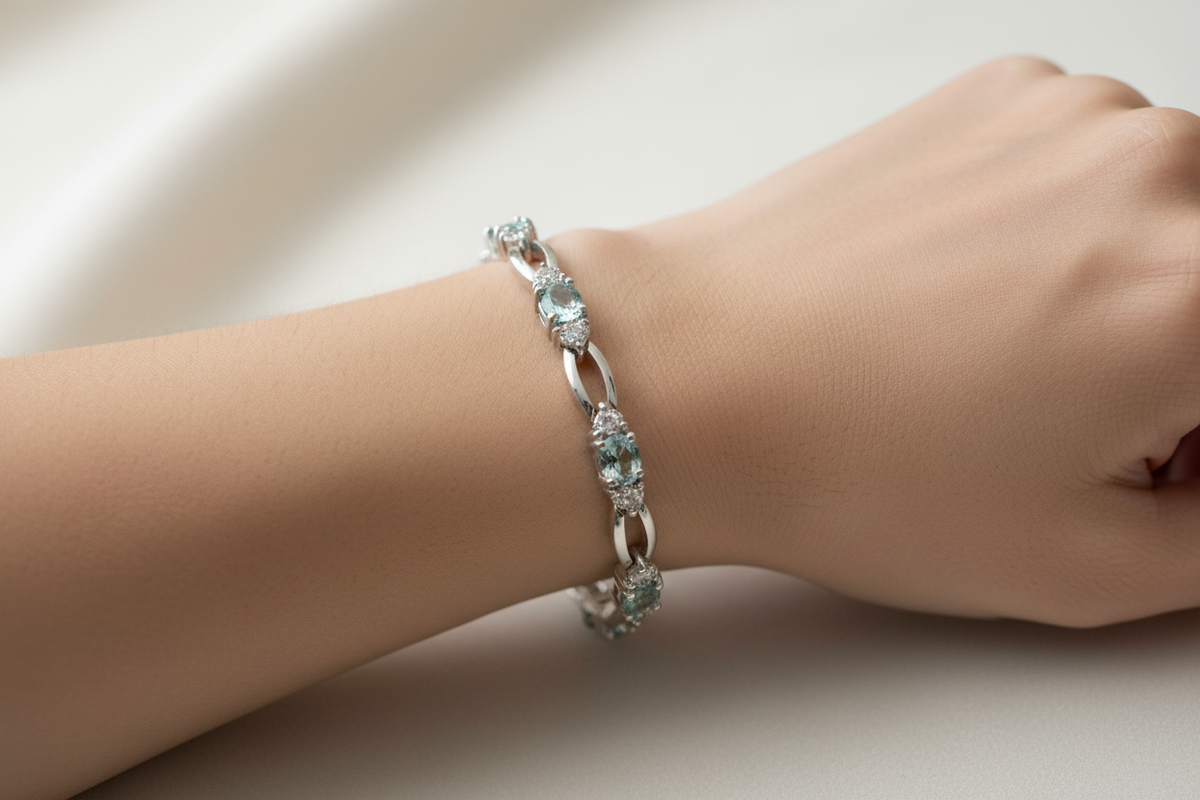 Aquamarine & White Cubic Zirconia Silver Bracelet