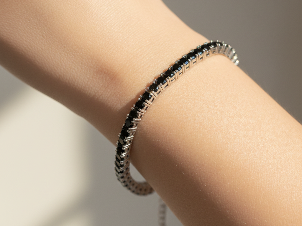 Black Cubic Zirconia Claw Set Tennis  Silver 3mm Stone Bracelet
