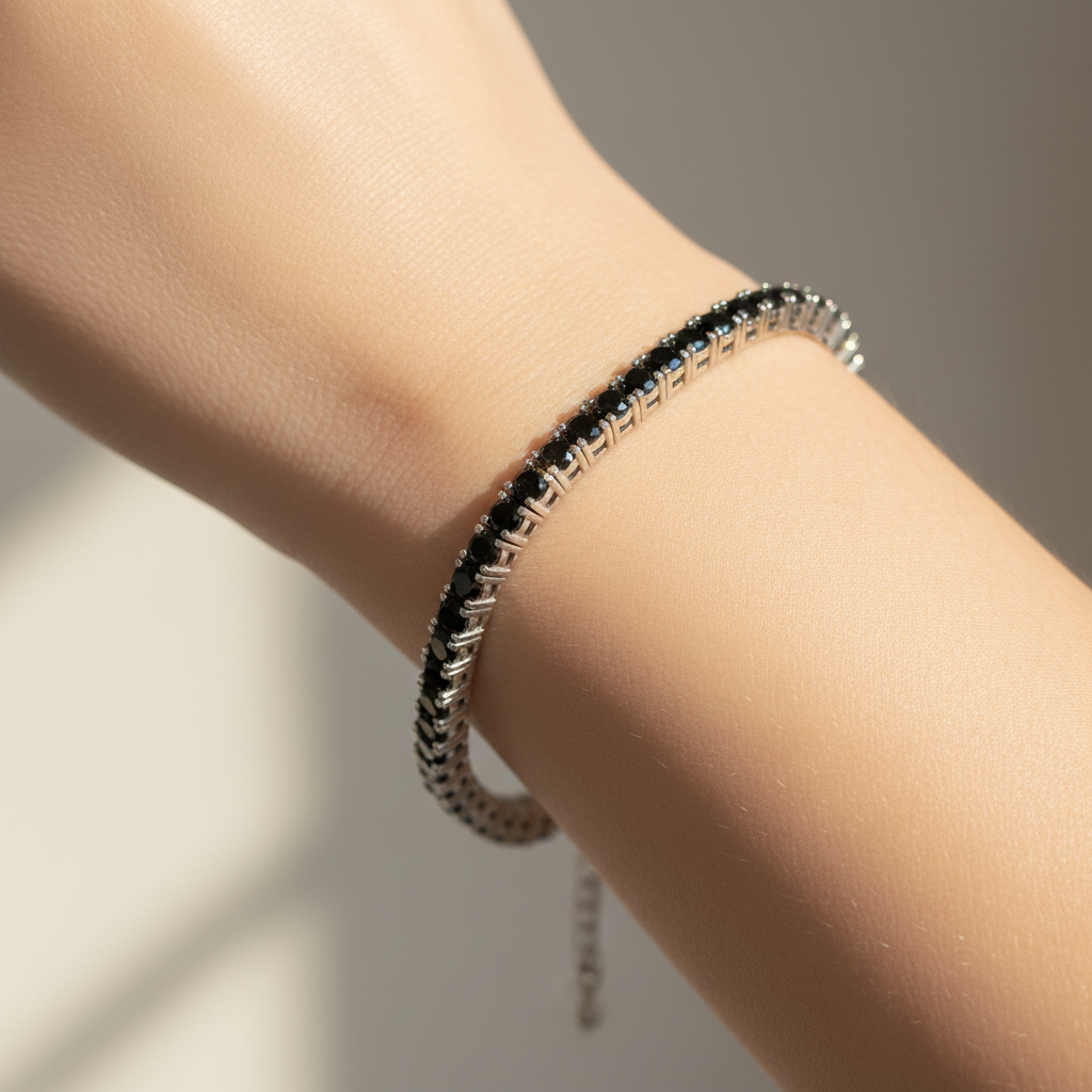 Black Cubic Zirconia Claw Set Tennis  Silver 3mm Stone Bracelet