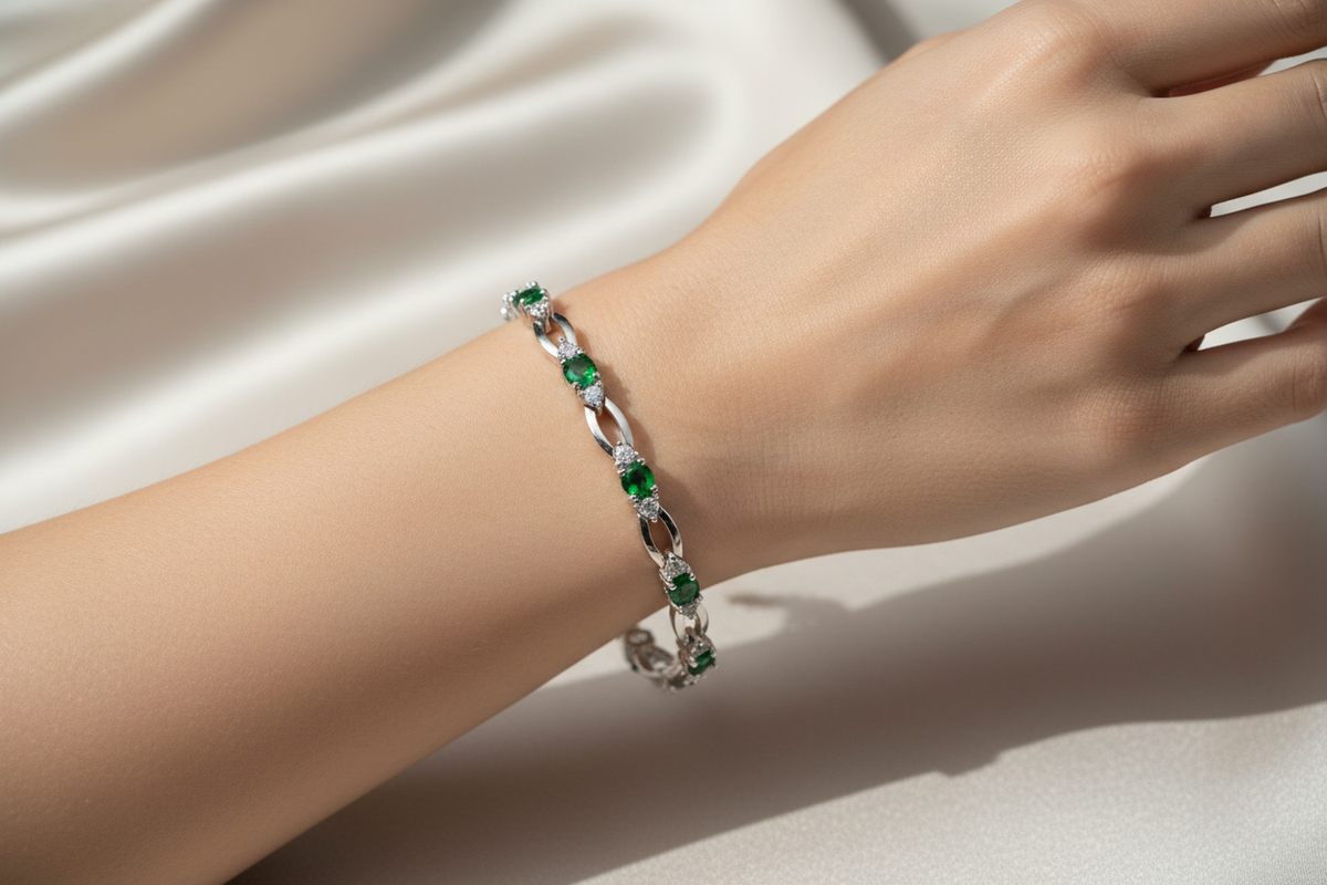 Silver Emerald And White CZ Necklace