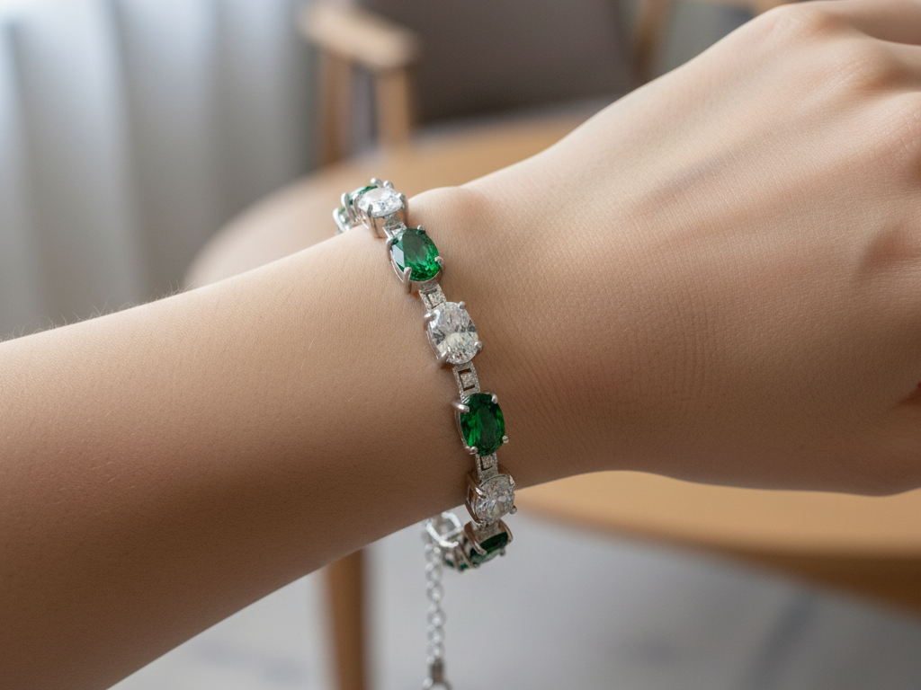 Emerald And White Cubic Zirconia Silver Bracelet