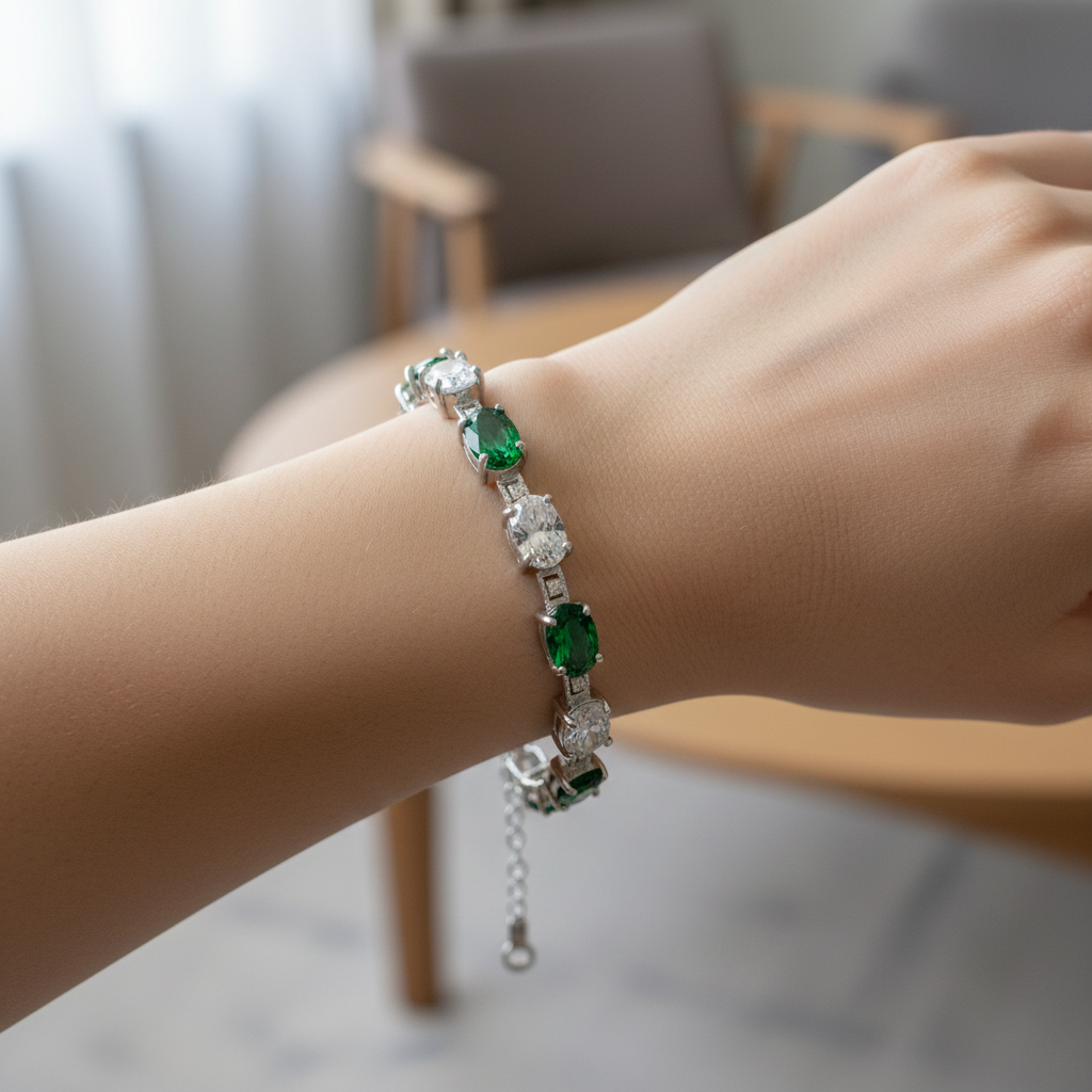Emerald And White Cubic Zirconia Silver Bracelet