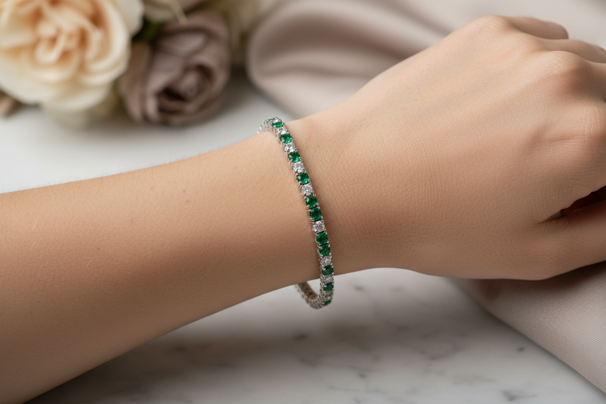 Emerald Cubic Zirconia Claw Set Tennis Bracelet