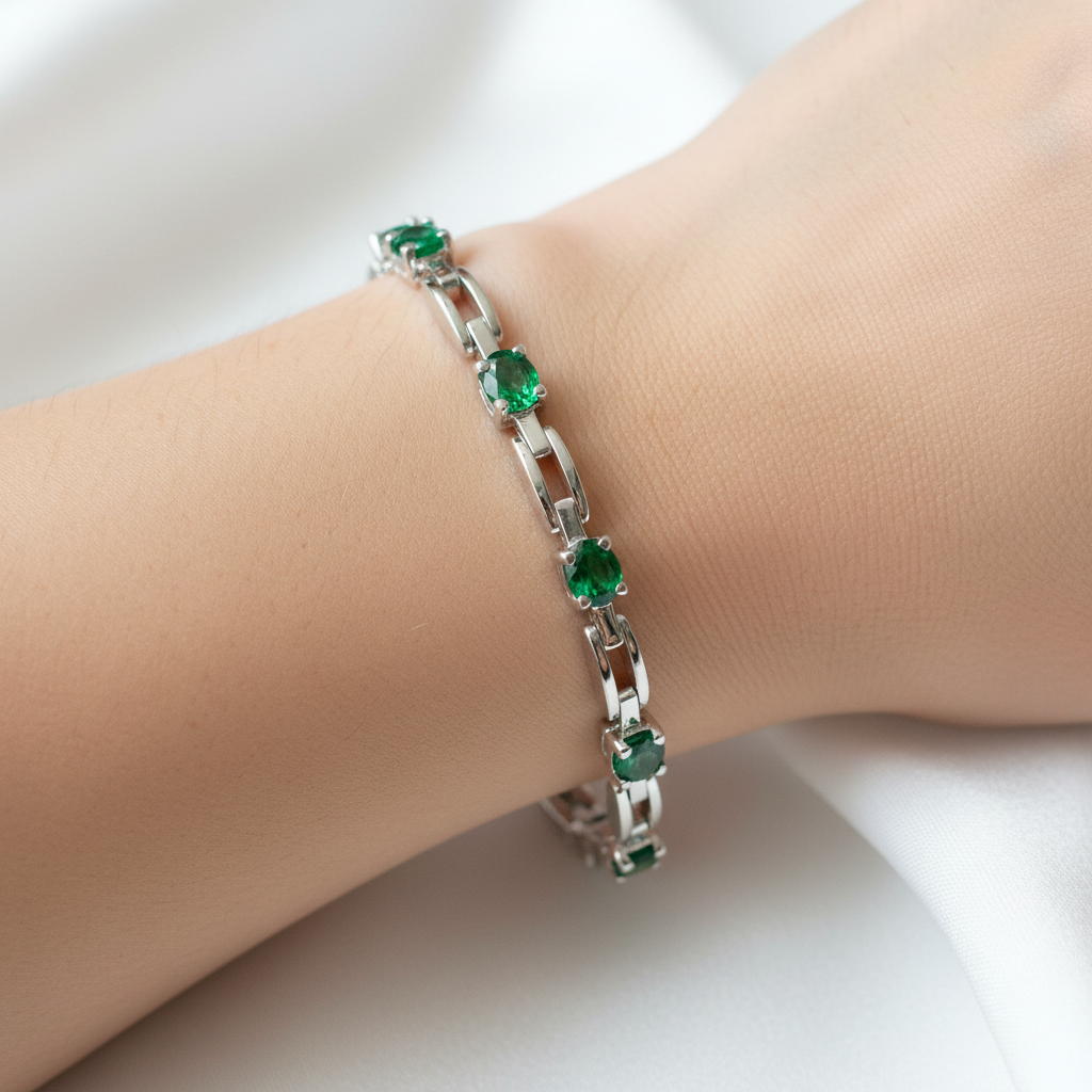 Emerald Cubic Zirconia Silver Bracelet