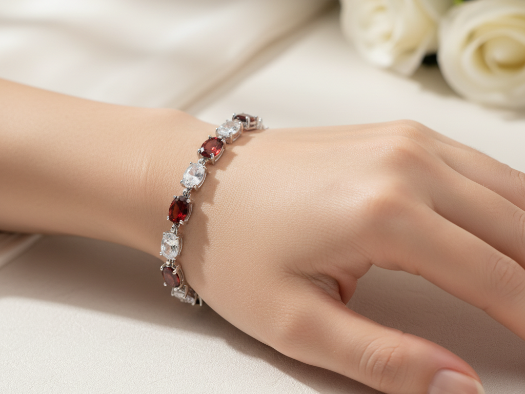 Garnet & White Cubic Zirconia Silver Bracelet