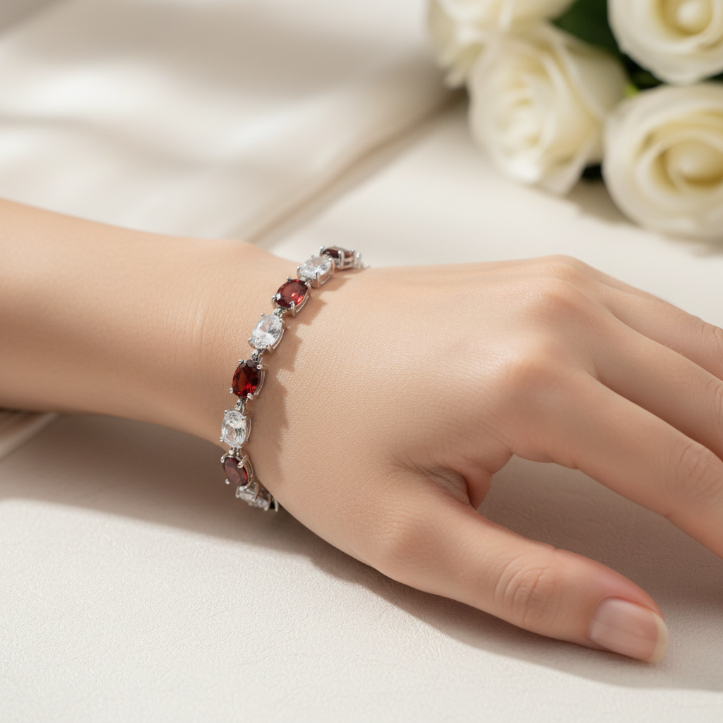 Garnet & White Cubic Zirconia Silver Bracelet