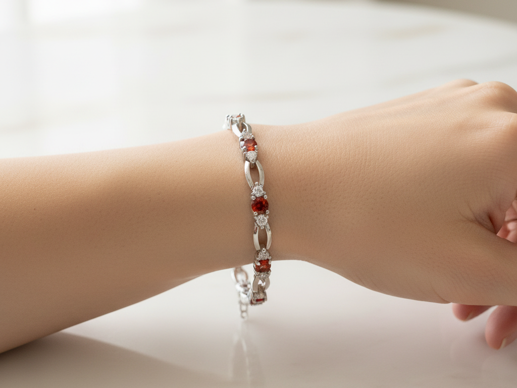 Garnet & White Cubic Zirconia Silver Bracelet