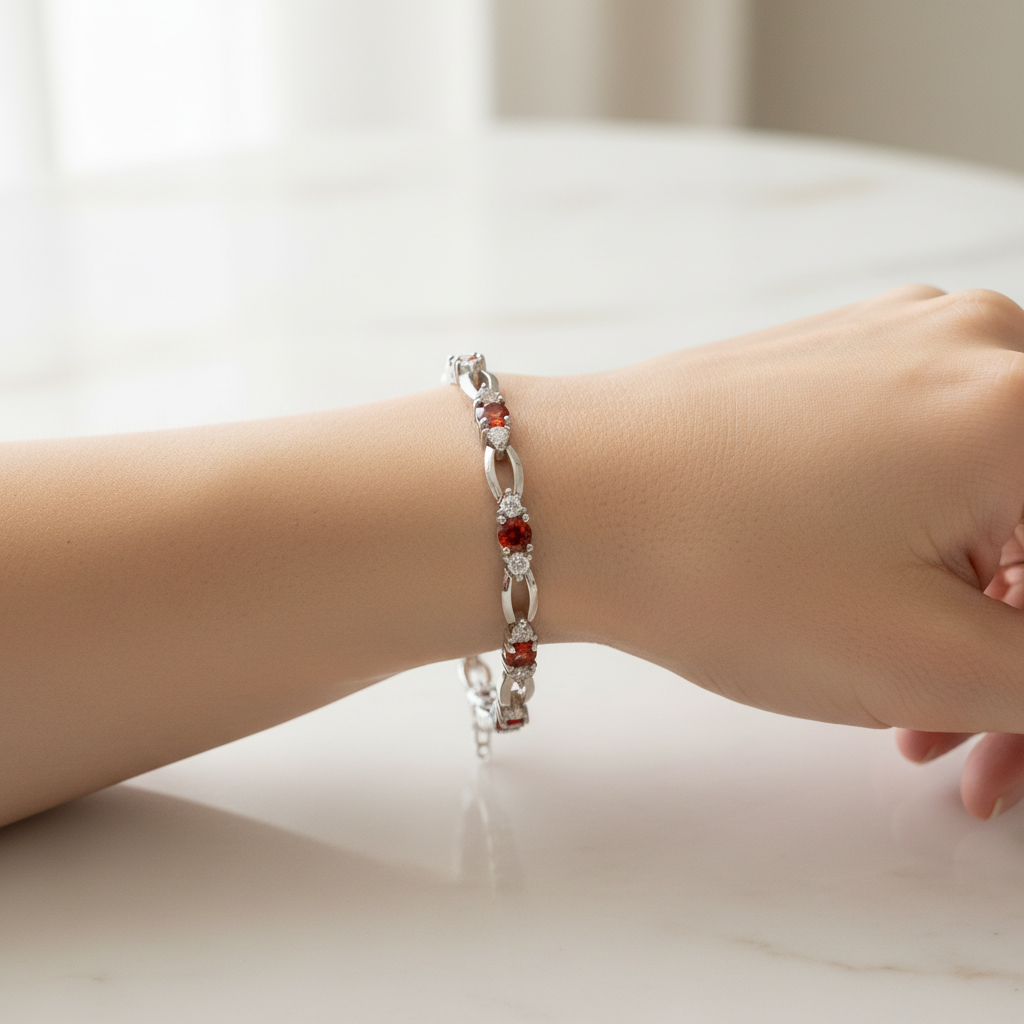 Garnet & White Cubic Zirconia Silver Bracelet