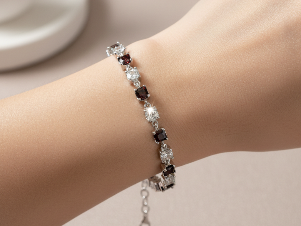 Garnet And White Cubic Zirconia Silver Bracelet