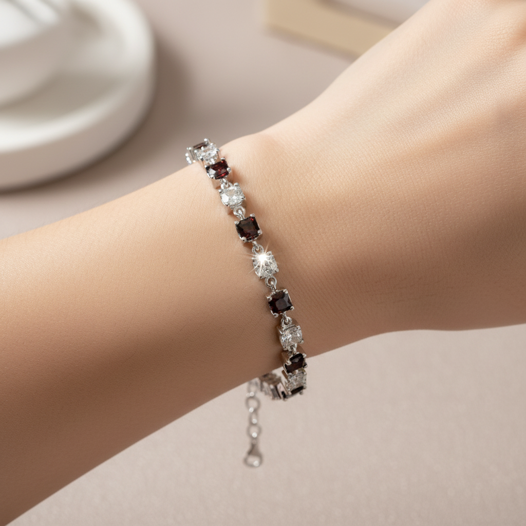 Garnet And White Cubic Zirconia Silver Bracelet