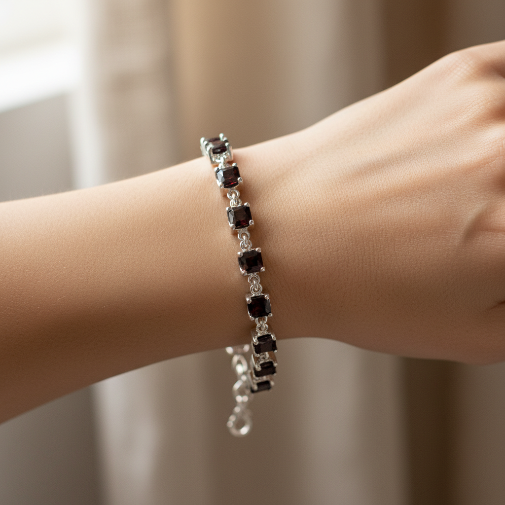 Garnet Cubic Zirconia Silver Bracelet
