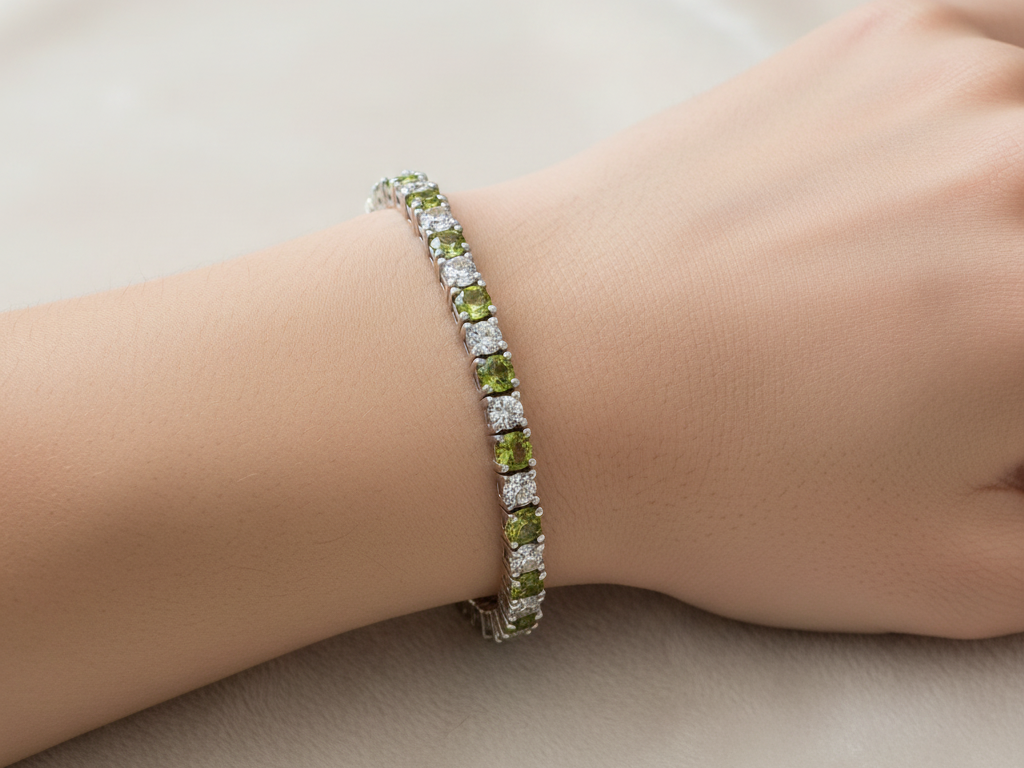 Peridot And White Cubic Zirconia Silver Bracelet