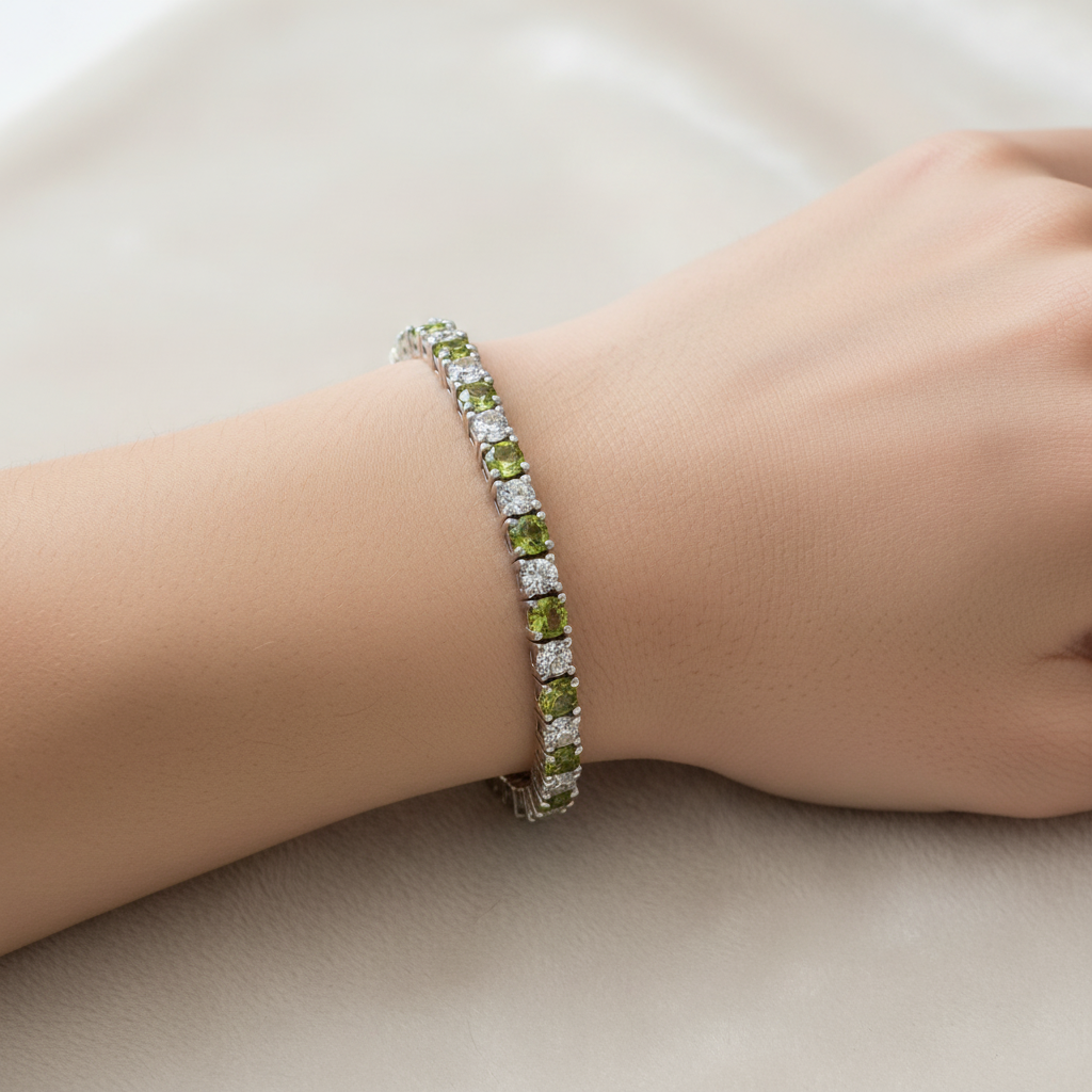 Peridot And White Cubic Zirconia Silver Bracelet
