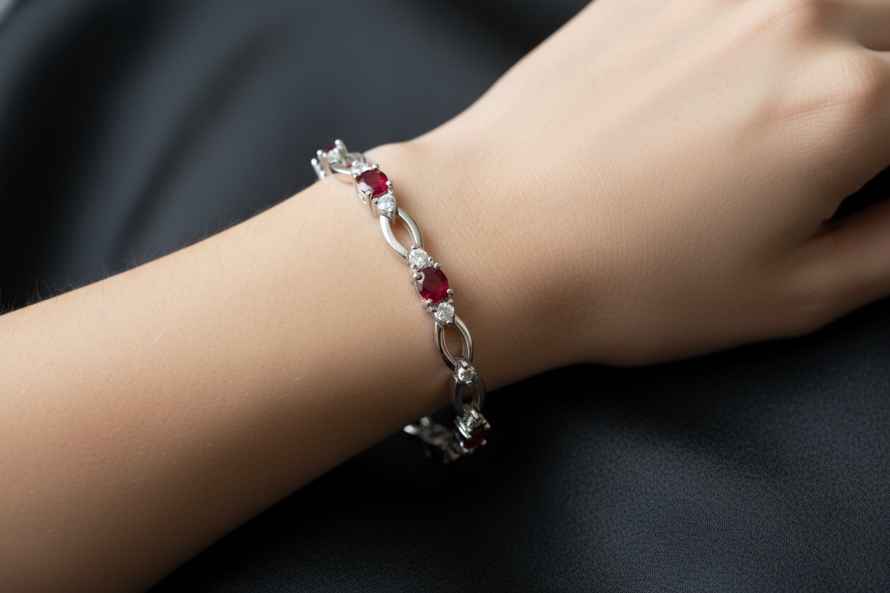 Ruby & White Cubic Zirconia Silver Bracelet