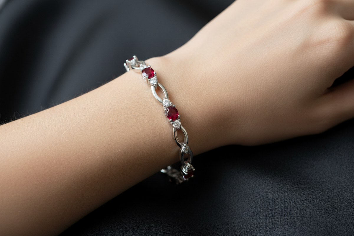 Ruby & White Cubic Zirconia Silver Bracelet