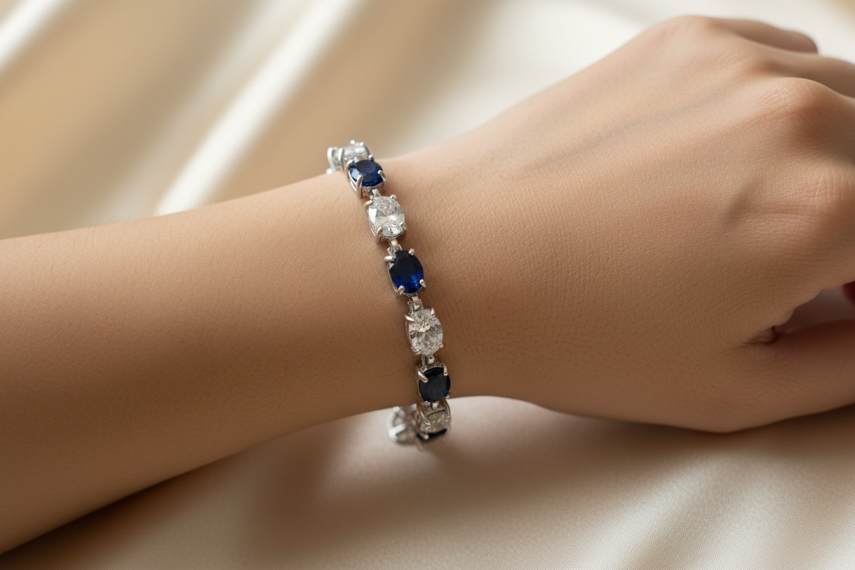 Sapphire And White  Cubic Zirconia Silver Bracelet