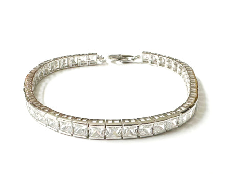 White Cubic Zirconia Princess Cut Tennis 3 x 3 Stone Silver Necklace