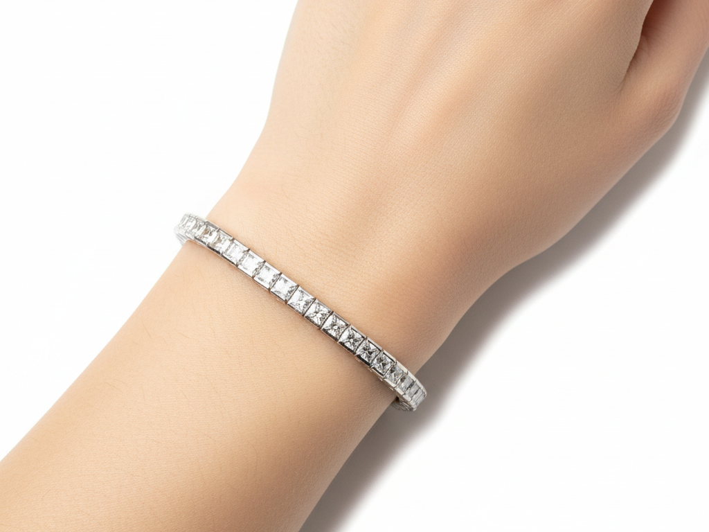 A White Cubic Zirconia Princess Cut Thick Tennis Silver 4mm Bracelet