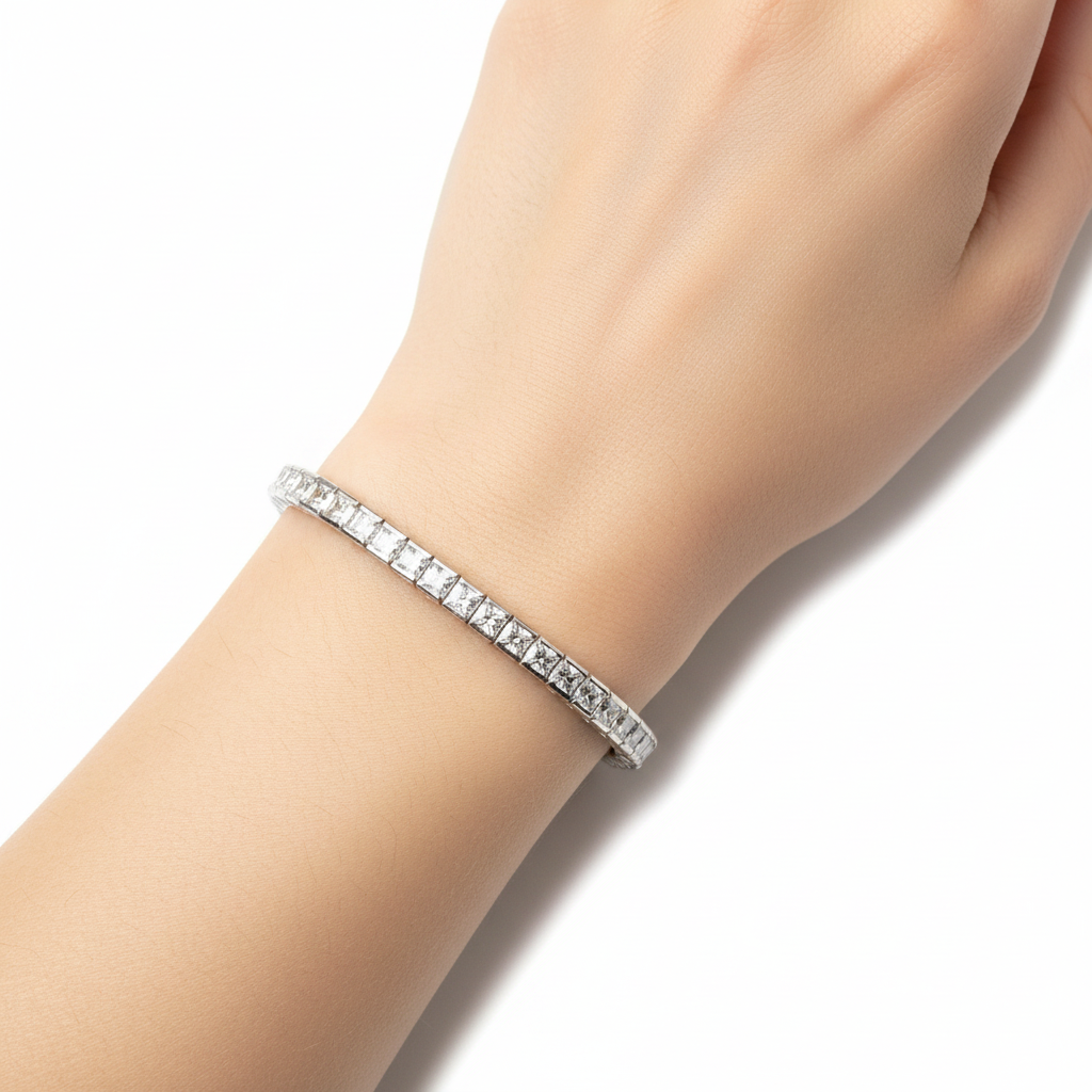 A White Cubic Zirconia Princess Cut Thick Tennis Silver 4mm Bracelet