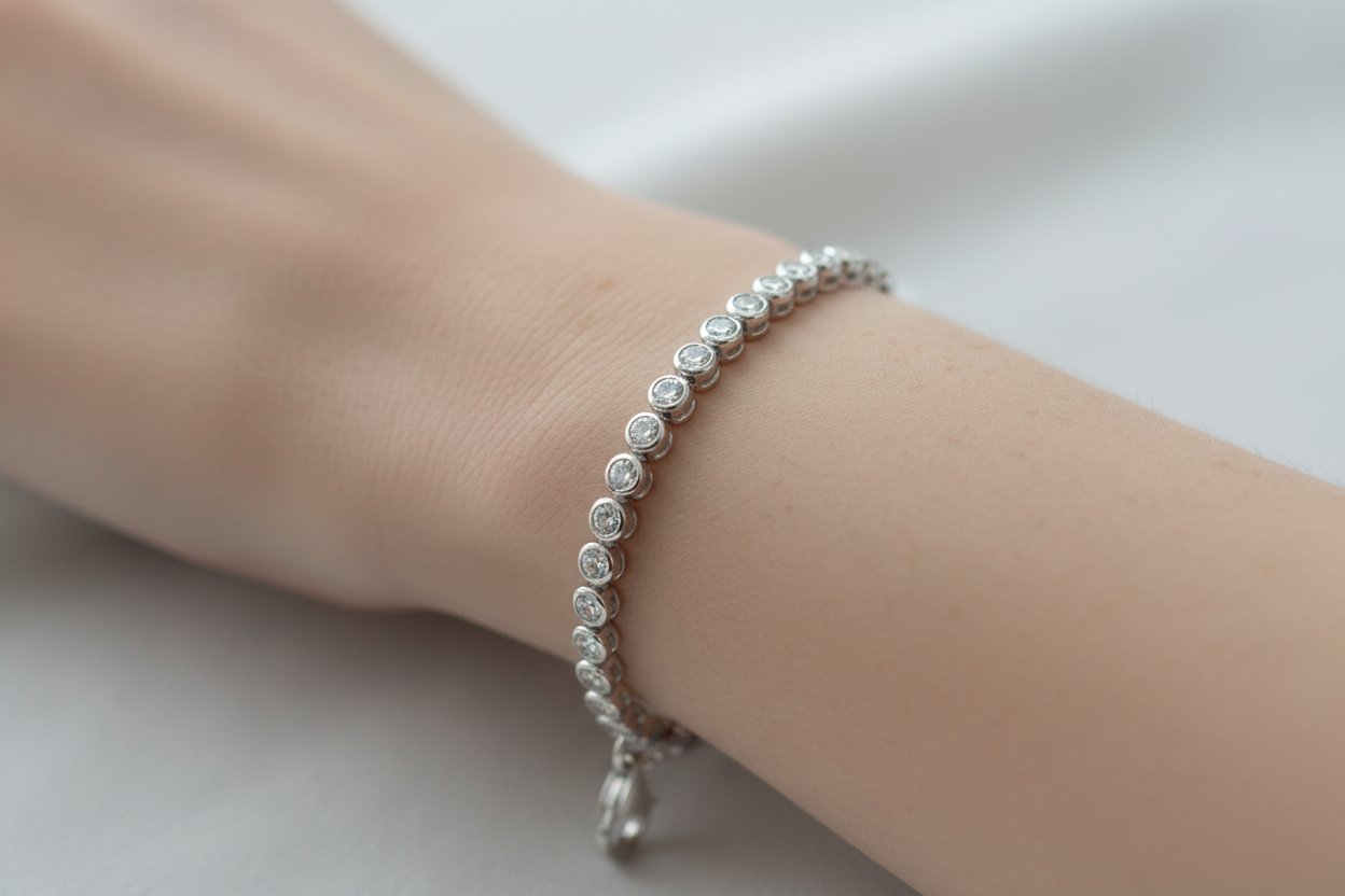 A White Cubic Zirconia Rubover Set Tennis 2 mm Stone Silver Bracelet