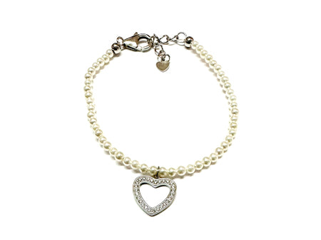 A Kids Silver Pearl With Heart Bracelet