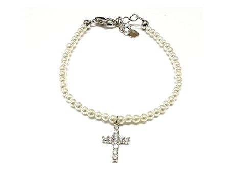 A Kids Silver Pearl With Cross Bracelet