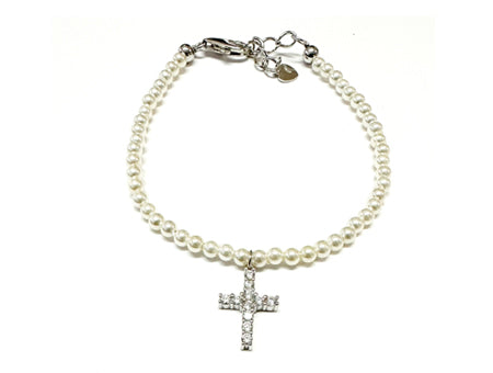 A Kids Silver Pearl With Cross Bracelet