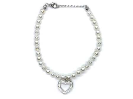 A Kids Silver Pearl With Heart Bracelet