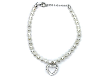 A Kids Silver Pearl With Heart Bracelet