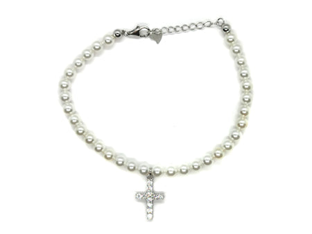 A Kids Silver Pearl With Cross Bracelet