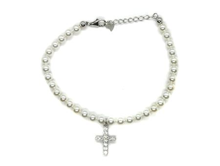 A Kids Silver Pearl With Cross Bracelet