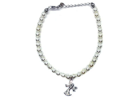 A Kids Silver Pearl With Angel Bracelet