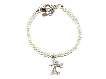 A Kids Silver Pearl With Angel Bracelet