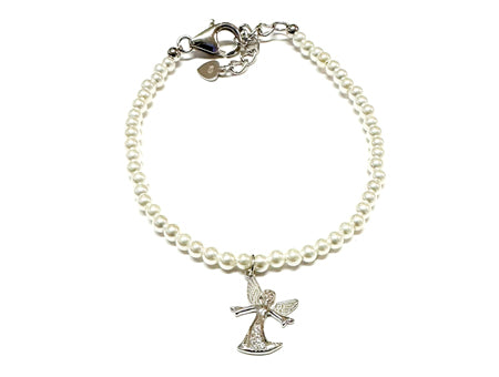 A Kids Silver Pearl With Angel Bracelet