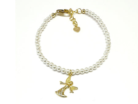 A Kids Gold Plated Silver Pearl With Angel Bracelet