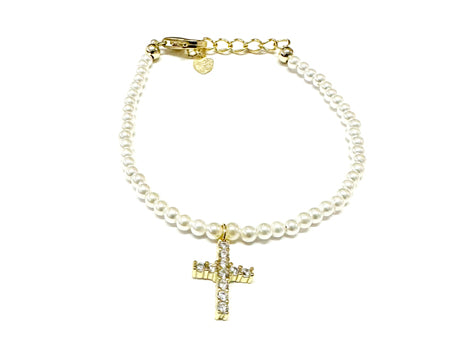 A Kids Gold Plated  Silver Pearl With Cross Bracelet
