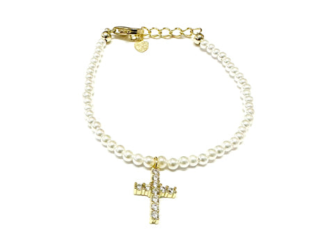 A Kids Gold Plated  Silver Pearl With Cross Bracelet