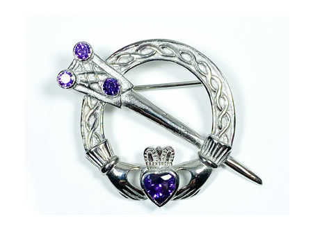 Claddagh Brooch Silver with Amethyst Cubic Zirconia Stone