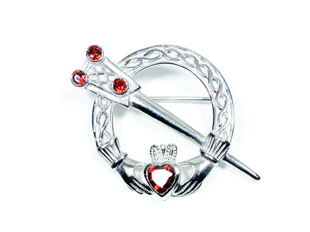 Claddagh Brooch Silver with Garnet Cubic Zirconia Stone