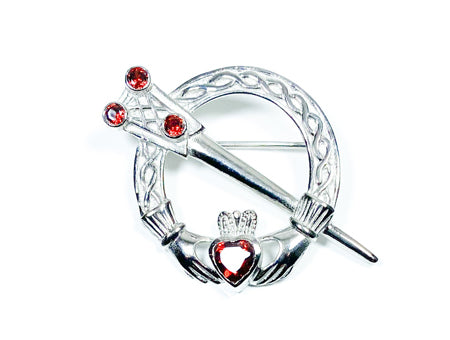 Claddagh Brooch Silver with Garnet Cubic Zirconia Stone